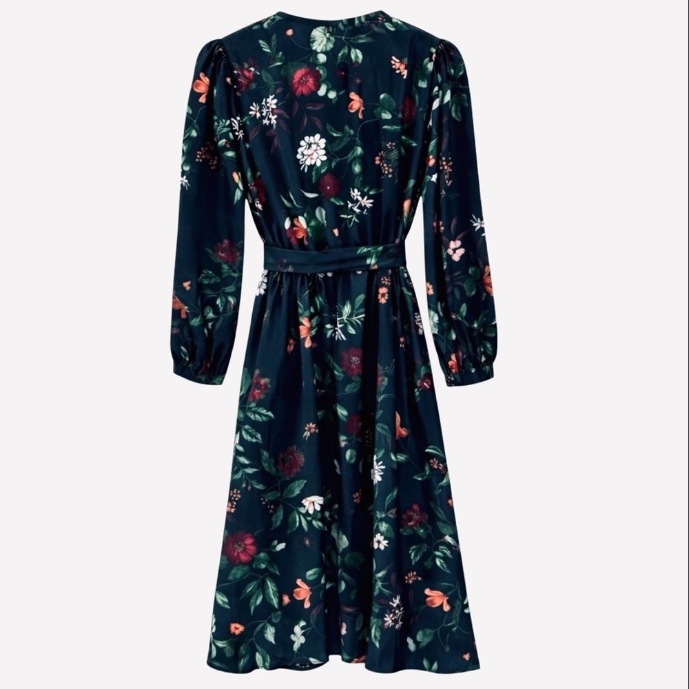 Amour Vert Silk Wrap Midi Dress Black Floral Long Sleeve Size Small - Picture 3 of 10